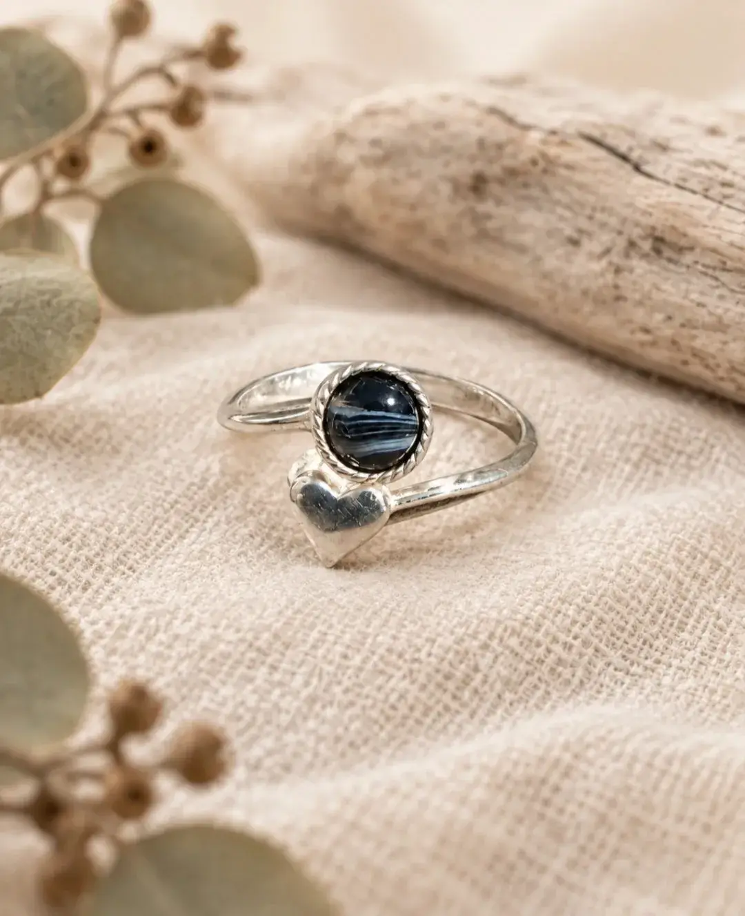 Banded Onyx with Heart Design Sterling Silver