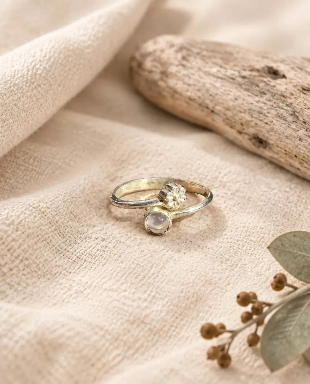 Opal Sterling Silver Ring With Flower Detail